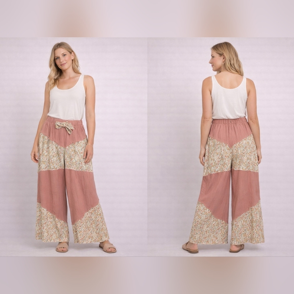 Floral Patchwork Wide Leg Pants – Drawstring Waist – NWOT 30-36" Waist - Cotton - Picture 7 of 8